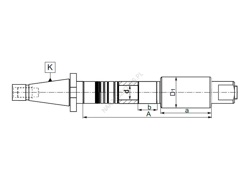 Rysunek techniczny: Trzpień frezarski długi z chw. DIN 2080 (tul.walcowa): T.7181 ISO30/FI16 200mm - KOLNO